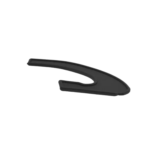 A 3D render of a black, abstract object with smooth, flowing curves, resembling a stylized wing or a modern sculpture.