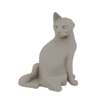 3D model of a smooth, matte gray sculpture of a sphinx cat sitting gracefully, looking to the side.