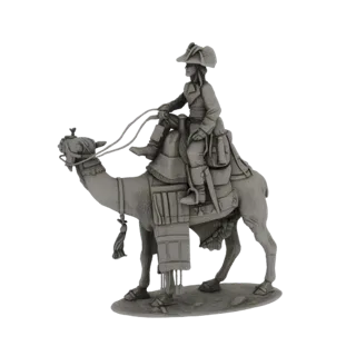 Modello 3D di un cavaliere del XIX secolo su un cammello, visto di lato.