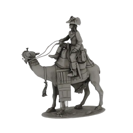 3D-Modell eines Reiters aus dem 19. Jahrhundert auf einem Kamel, von der Seite betrachtet.