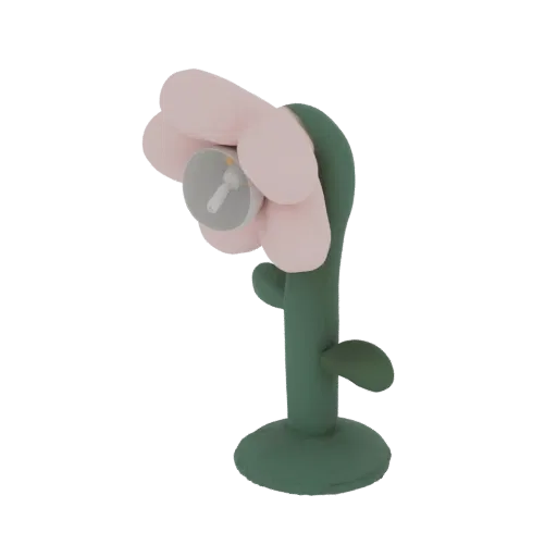 3D model of a cute flower desk lamp with pink petals and a green stem and base, set against a white background.
