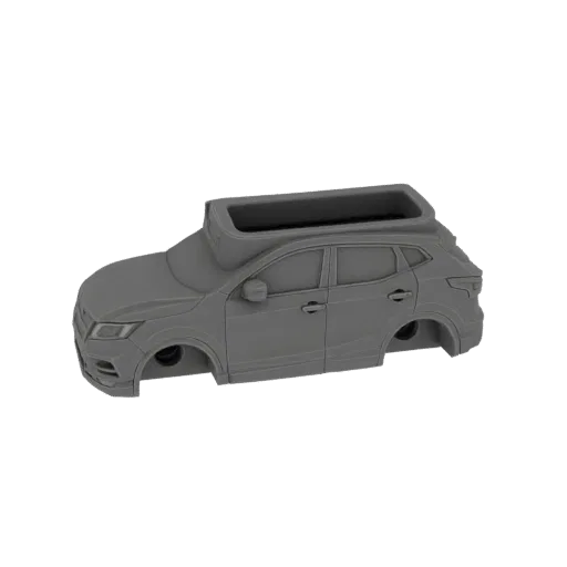 Modelo 3D de carroceria SUV cinza com rack de teto proeminente, visto de lado.