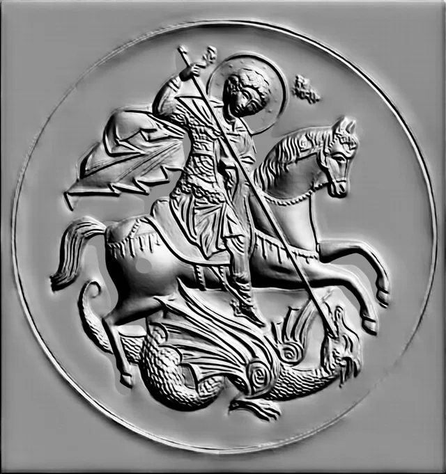 3D model of St. George the Victorious on horseback slaying the dragon bas-relief, in medallion form