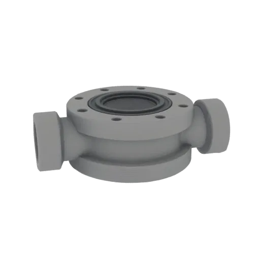 Modulare Rohrflansch druckbares 3D-Modell, isometrische STL-Renderung, zeigt bearbeitetes Metall, präzise Teilegeometrie.