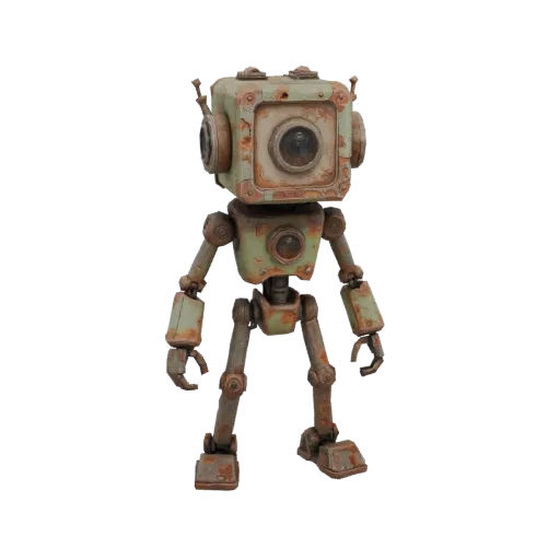 Modèle 3D d'un robot ouvrier vert rouillé et patiné avec une tête carrée et un objectif de caméra, debout sur un fond blanc.