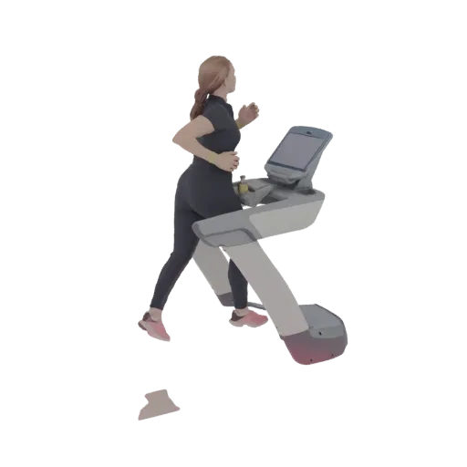 3D model of a woman with brown hair in a black athletic outfit running on a modern treadmill with a grey and white frame.