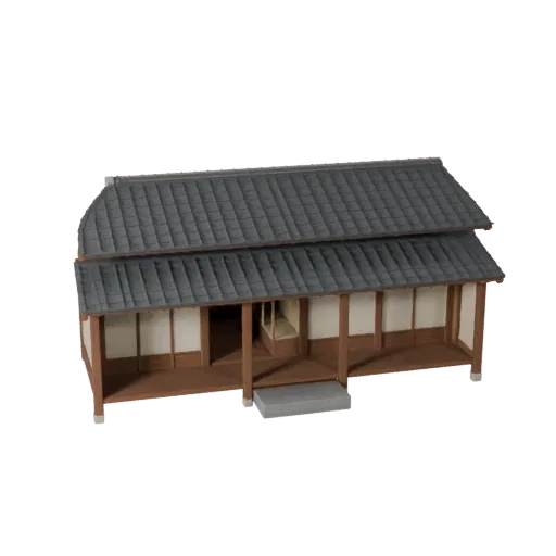 Japanese House stylized 3D model, isometric stylized game environment view, showing residential building materials and architectural detail