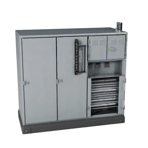 Modèle 3D réaliste d'armoire de commande automatisée, rendu studio trois-quarts, montrant acier peint, postes de machines.