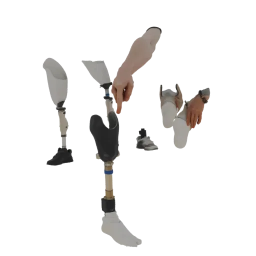 3D model of a prosthetic leg assembly with a realistic human hand pointing at the prosthetic components.