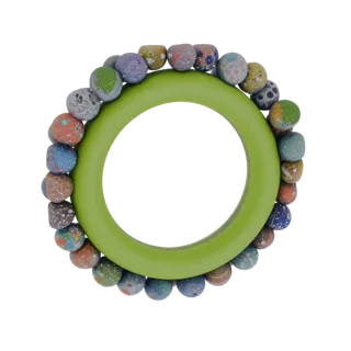 3D model of an orbital sphere with an infinite cycle pattern, surrounded by colorful beads