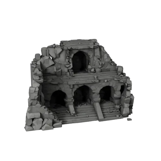 Cavern Stairs Module Low Poly 3D model, game viewport three-quarter view, showing aged stone, built remnants.