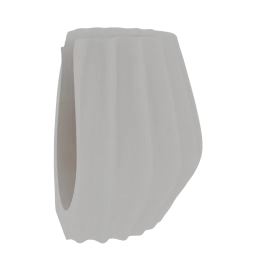 Um vaso de flores minimalista, branco e canelado verticalmente em 3D, mostrado de lado contra um fundo preto.