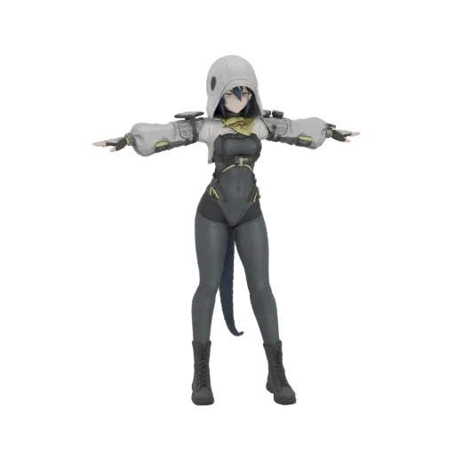 3D model of an anime girl with dark hair, wearing a futuristic grey hooded jacket and dark bodysuit, with arms outstretched.