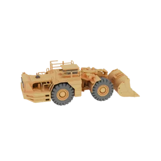 3D model of a yellow underground mining loader with large tires and a front bucket, set against a white background.