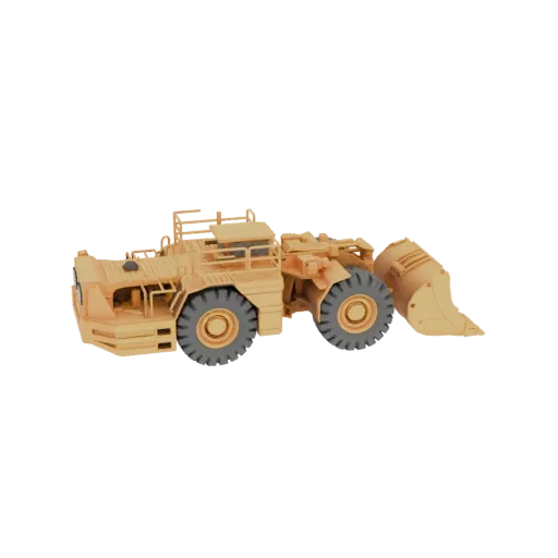 3D model of a yellow underground mining loader with large tires and a front bucket, set against a white background.