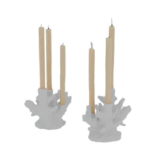 3D model render of two white coral-shaped candlestick holders with beige taper candles.