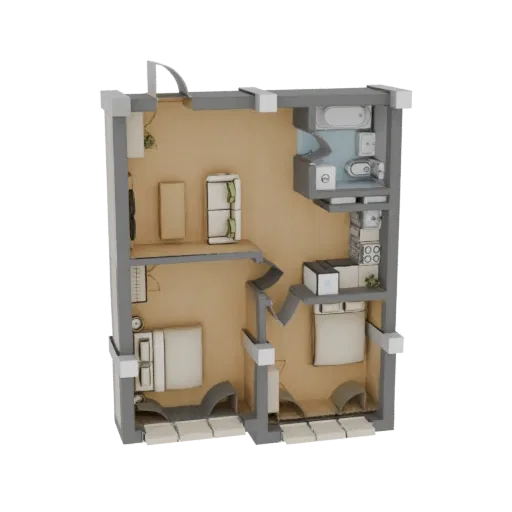 3D model rendering of a modern apartment interior, showing living area, two bedrooms, and a bathroom.