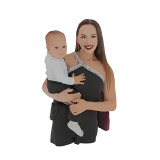 Modello 3D di donna in abito nero che tiene un bambino, con sfondo bianco.