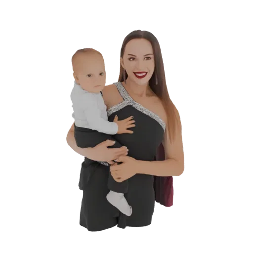 Modèle 3D d'une femme en robe noire tenant un bébé, sur fond blanc.