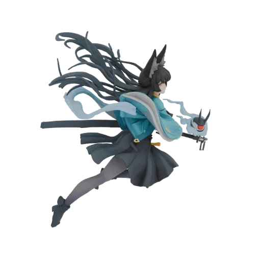 3D model of an anime fox girl with black hair, fox ears, wearing a teal and dark outfit, running with a magical staff.