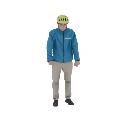 3D model render of a man wearing a blue jacket and a yellow helmet, standing with his hands at his sides.