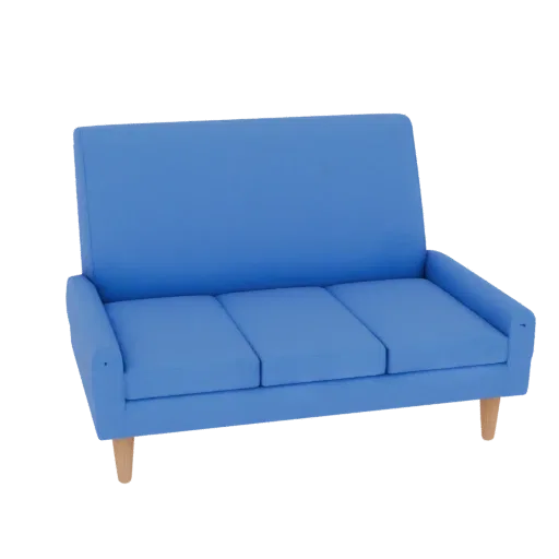 3D model of a blue three-seater sofa with three cushions and wooden legs, front view