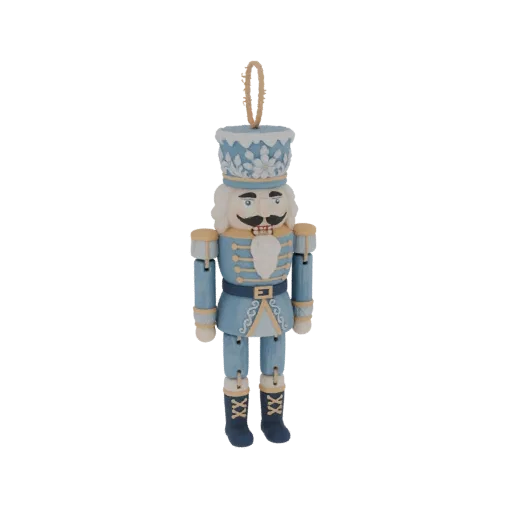 A 3D model render of a traditional blue nutcracker ornament with gold accents and a decorative hat, hanging by a loop.