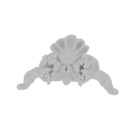 A detailed 3D model of a white Baroque-style ornament featuring a central shell, acanthus leaves, and scrolling foliage.