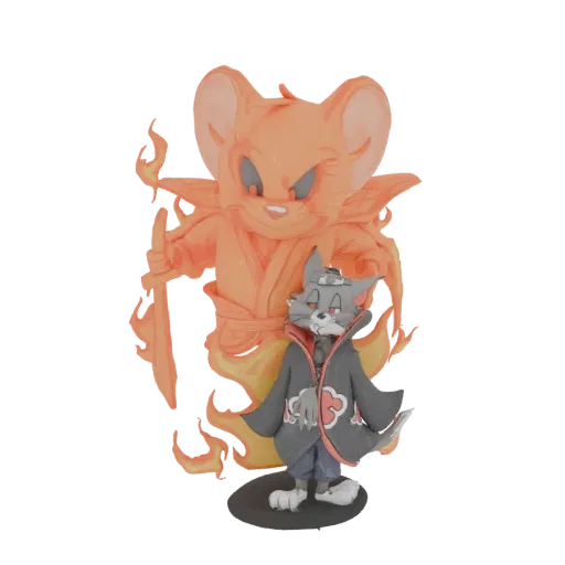 3D model of Tom dressed as an Akatsuki member with a Nine-Tails-inspired Jerry figure behind him, set against a white backgro
