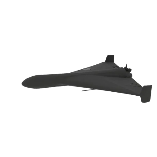 Um modelo 3D escuro e elegante de um drone furtivo com uma asa delta proeminente, visto de um ângulo lateral contra um fundo