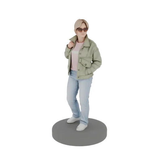 Modelo 3D de mujer casual con cabello rubio, gafas de sol, chaqueta verde claro y jeans, de pie sobre una base circular gris.