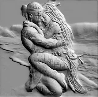 3D-Modell des Reliefs "Umarmung am Ufer", das einen Mann und eine Frau in zärtlicher Umarmung vor dem Hintergrund von Meeresw
