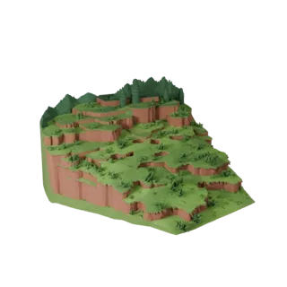 نموذج ثلاثي الأبعاد لبيئة الغابة المسحورة في Unity، عرض منظور متساوي القياس، يظهر طبقات التضاريس، مجموعات نباتات متدرجة.