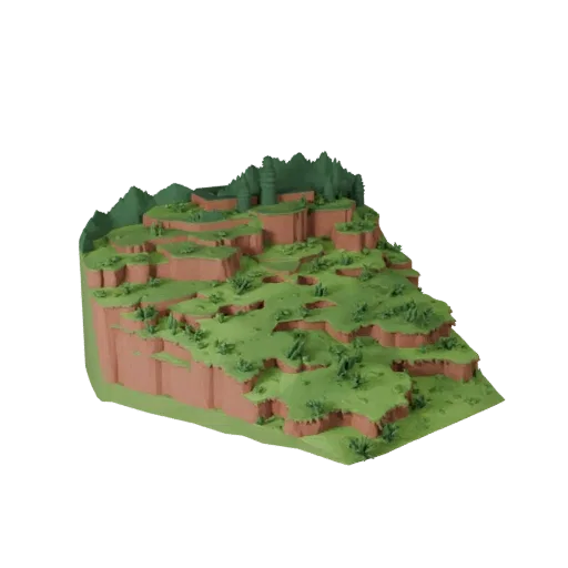 Enchanted Glade Biome Unity 3D model, isometric viewport view, showing terrain layers, layered vegetation clusters.
