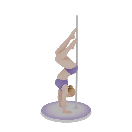 3D model of a female pole dancer in a handstand pose, wearing purple athletic wear, on a circular base.
