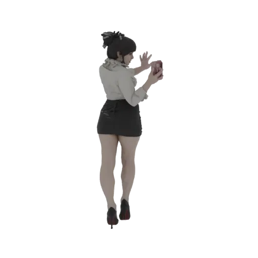 3D model of a woman with dark hair, wearing a light blouse and black skirt, holding a red object.