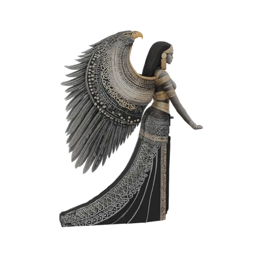 3D model of a goddess with large, detailed eagle wings, wearing ornate black and gold attire, viewed from the side.