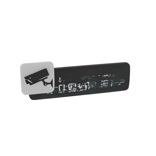 Modelo 3D de un cartel de cámara de seguridad negro con un icono de cámara blanco y texto en chino, renderizado sobre fondo b