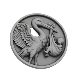 3D model of a relief coin featuring a stork carrying a baby in its beak, rendered in grayscale.
