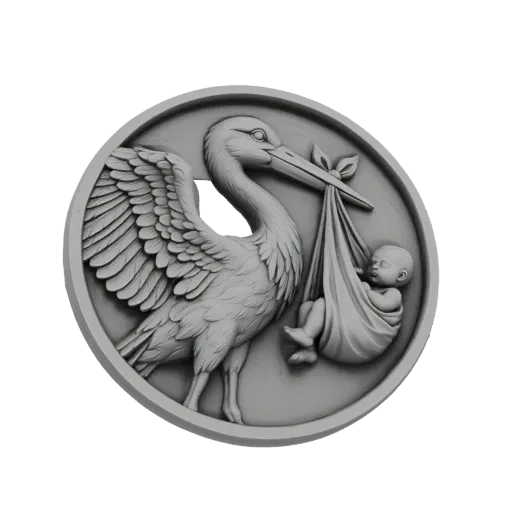 Modelo 3D de moneda en relieve con cigüeña y bebé, renderizado en escala de grises.