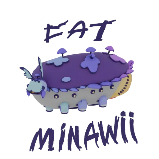 Modelo 3D de una caprichosa oruga morada con acentos azul claro y sombreros de champiñón en su espalda, con el texto 'EAT MIN