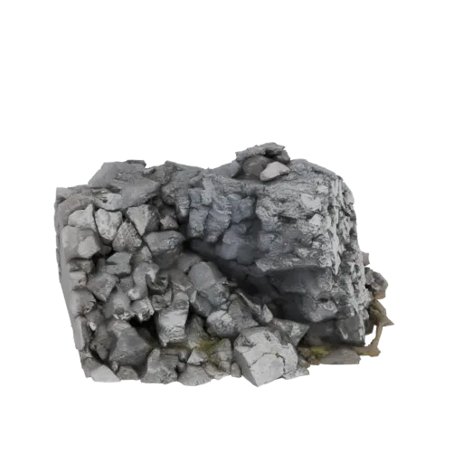 Modelo 3D de un rocallón gris, rugoso y agrietado con pequeños parches de musgo verde visibles.