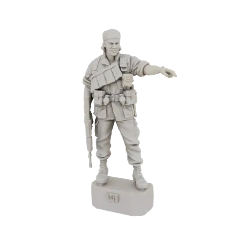 3D model of a soldier in a tactical pose, holding a rifle and pointing forward, on a rectangular base.