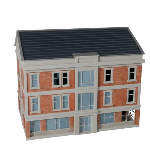 Modelo 3D de casa suburbana poligonal baja, exterior listo para juegos, que muestra materiales de edificios residenciales y d