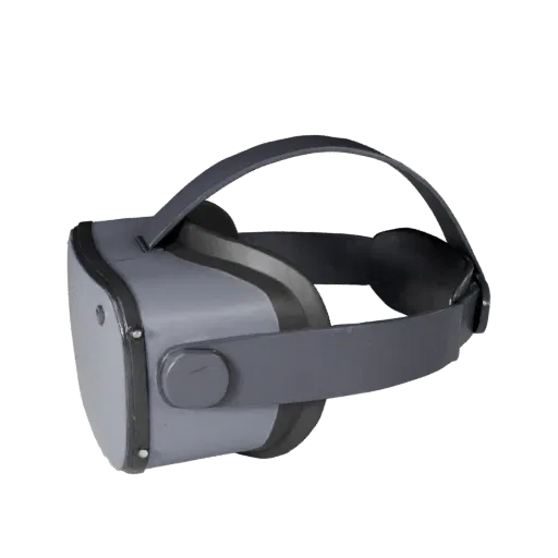 VR Headset Low Poly 3D model, game viewport three-quarter view, showing silicone, wearable fit.