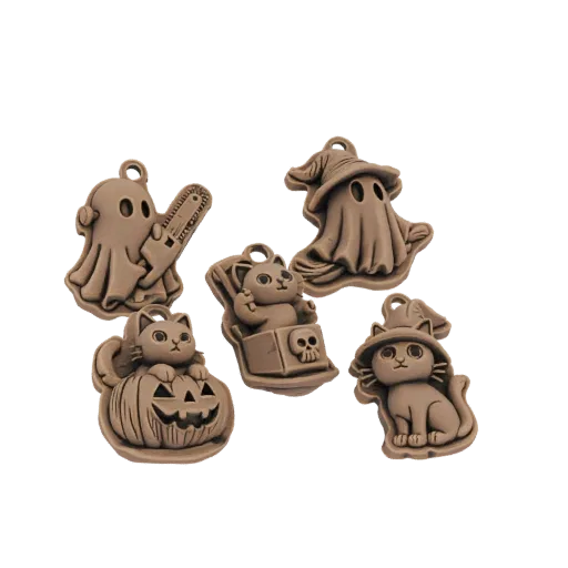 A collection of five 3D models of Halloween charms: a ghost holding a chainsaw, a ghost wearing a witch hat, a cat inside a j