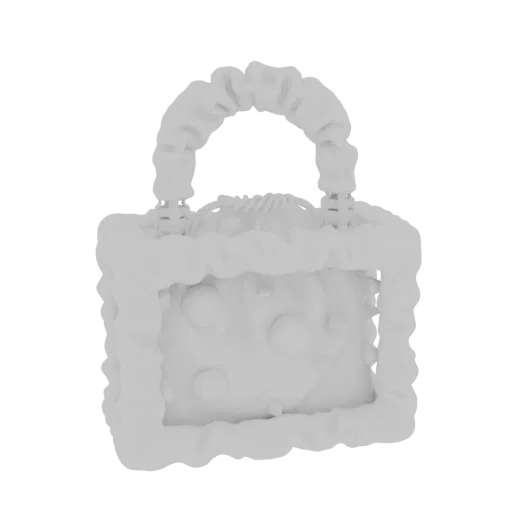 Ein 3D-Rendering einer weißen, flauschigen, kugelförmigen Handtasche mit Kordelzugverschluss und erhabenen kugelförmigen Deta