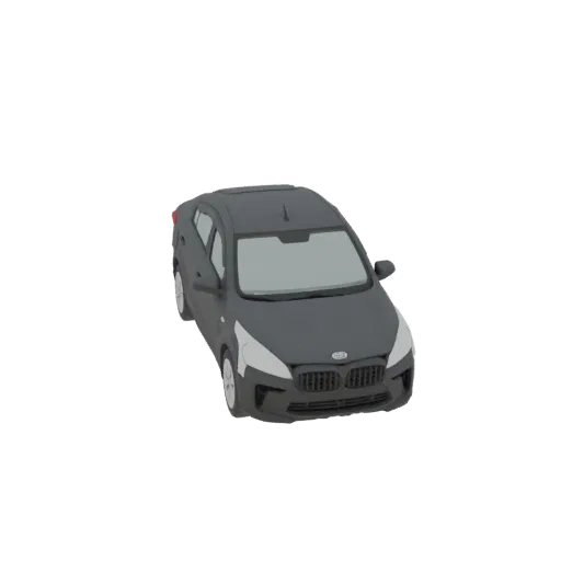 A 3D model of a dark gray sedan car, viewed from a slightly elevated front-right angle.