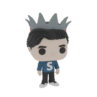 3D model of King Archie Andrews from Riverdale in Funko Pop style, wearing a crown and a blue sweater with an 'S'.