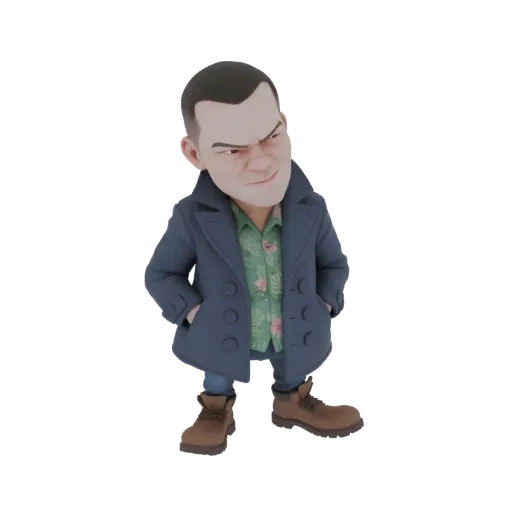 A stylized 3D model of a man with short dark hair, wearing a blue trench coat, a green Hawaiian shirt, and brown boots, with
